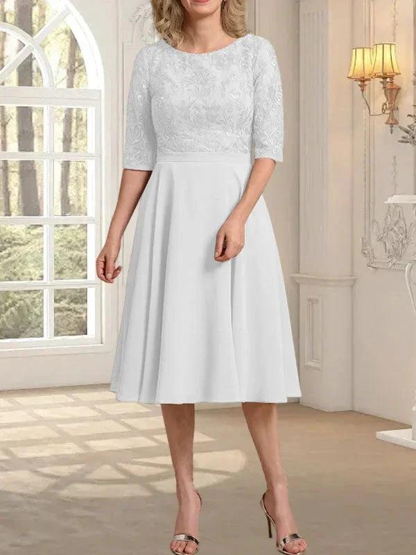 A-line Scoop Knee-Length Lace Chiffon Mother of the Bride Dress - Image 40