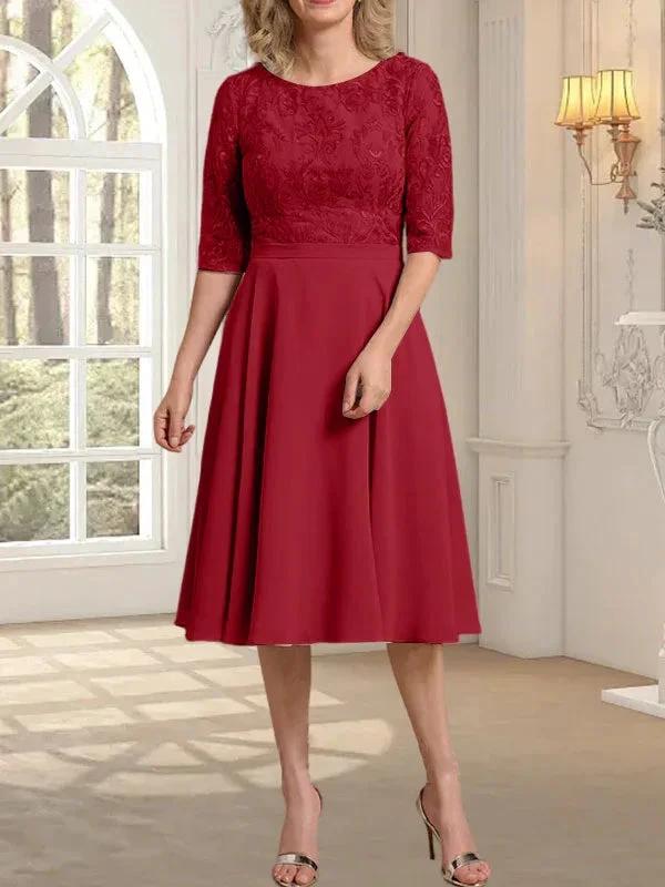 A-line Scoop Knee-Length Lace Chiffon Mother of the Bride Dress - Image 41