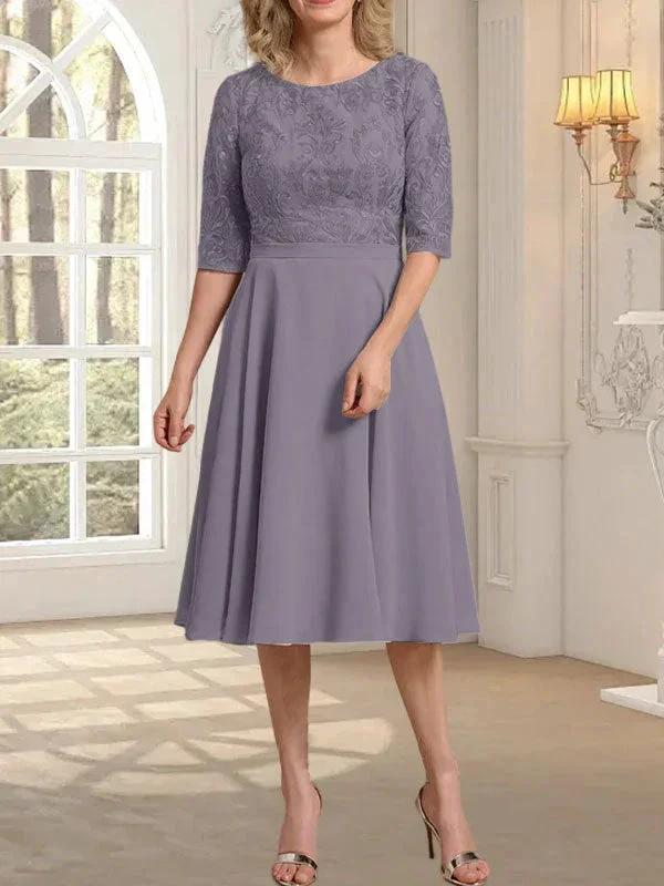 A-line Scoop Knee-Length Lace Chiffon Mother of the Bride Dress - Image 42