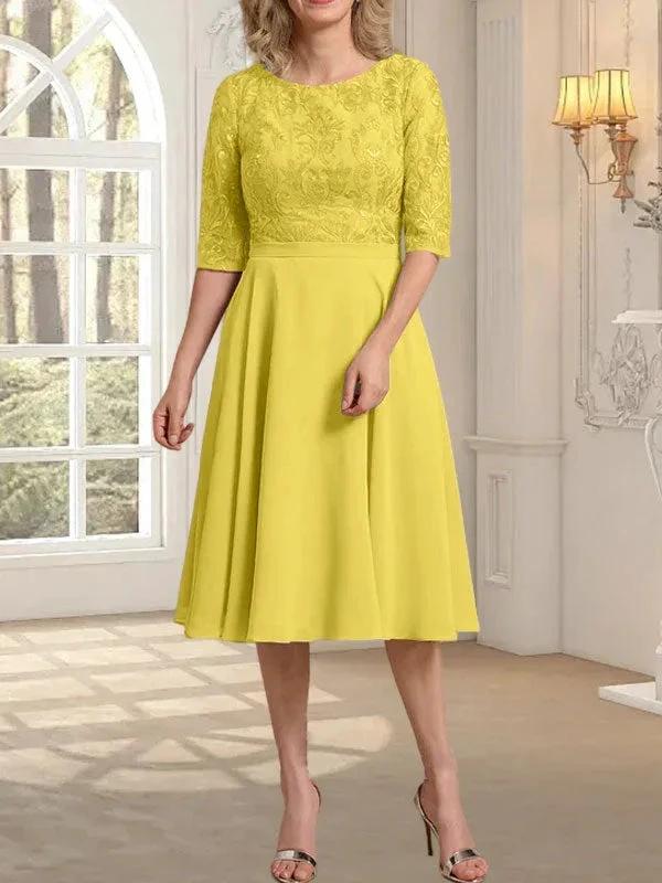 A-line Scoop Knee-Length Lace Chiffon Mother of the Bride Dress - Image 43