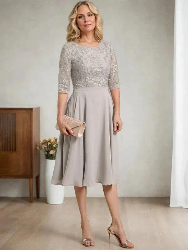 A-line Scoop Knee-Length Lace Chiffon Mother of the Bride Dress - Image 5