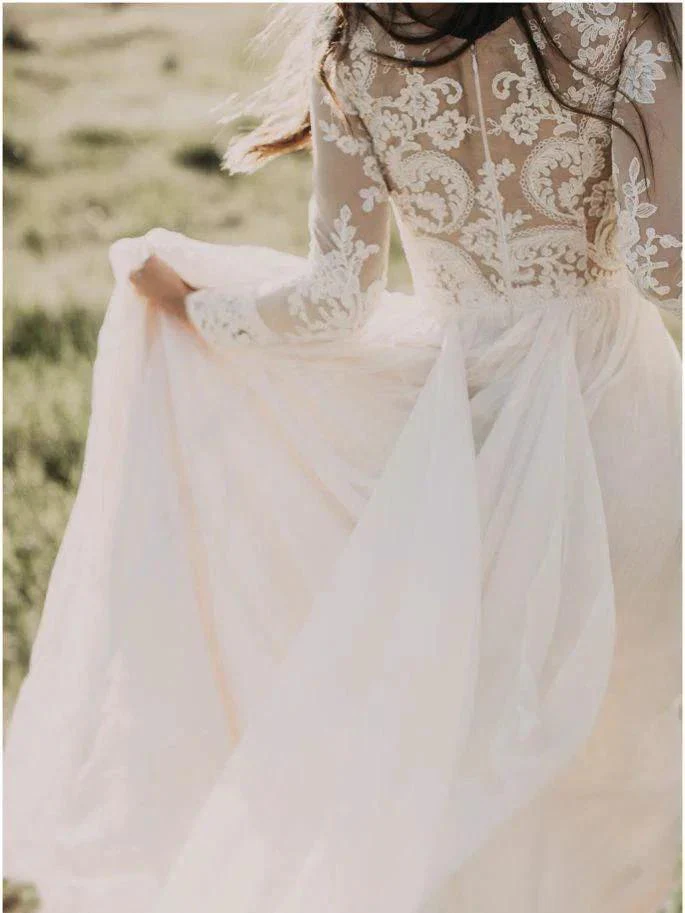 A-line Scoop Lace Wedding Dress Long Sleeve Rustic Wedding Dresses WD521 - Image 3