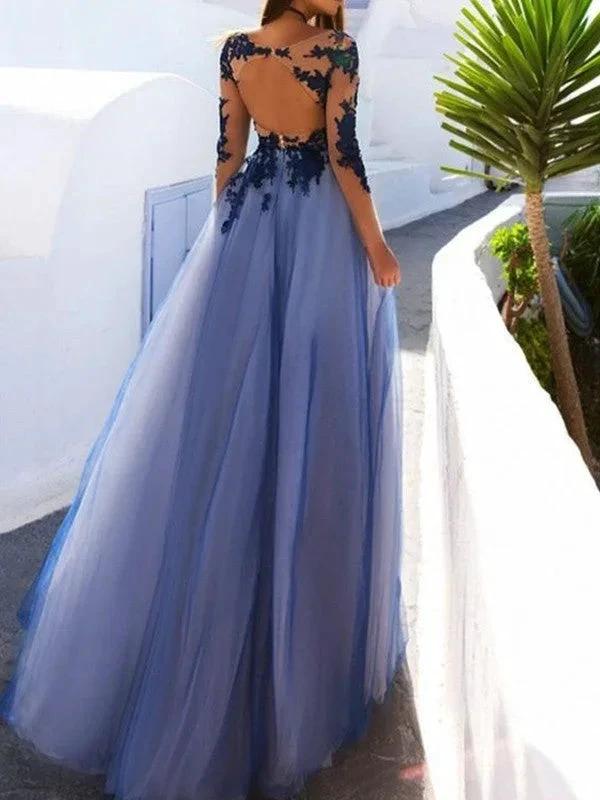 A-Line Scoop Long Sleeves Floor-Length With Applique Tulle Prom Dresses - Image 2