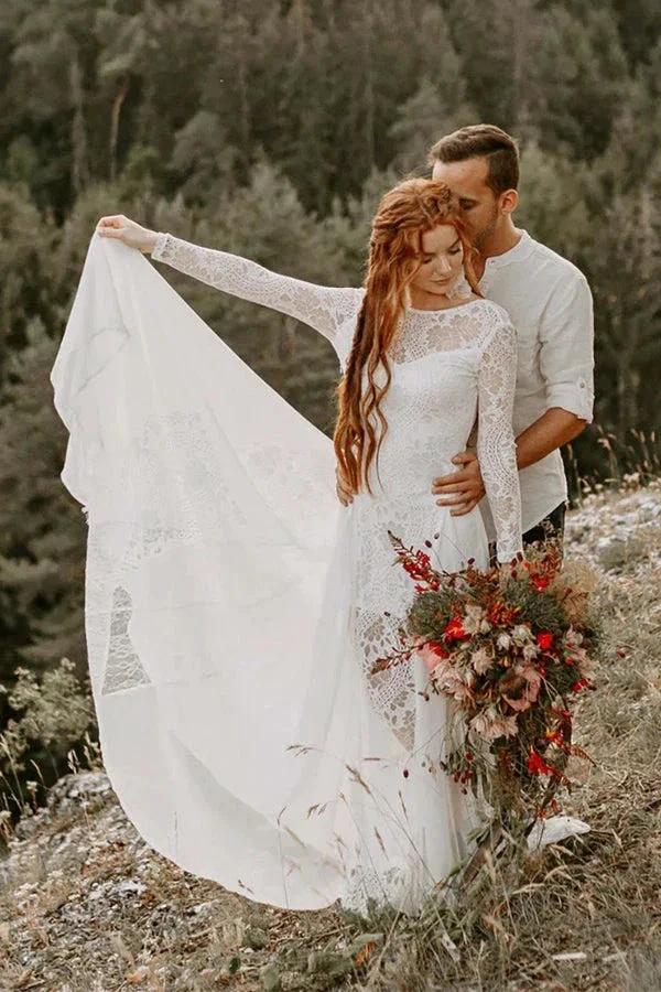 A-line Scoop Neck Backless Long Sleeves Beach Wedding Dresses WD703 - Image 2