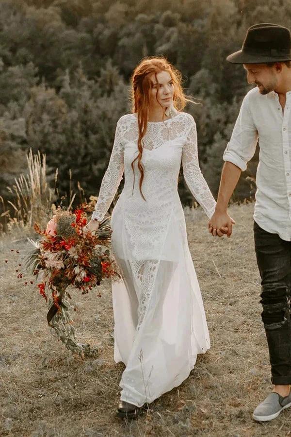 A-line Scoop Neck Backless Long Sleeves Beach Wedding Dresses WD703 - Image 3