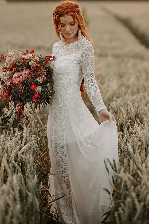 A-line Scoop Neck Backless Long Sleeves Beach Wedding Dresses WD703 - Image 4