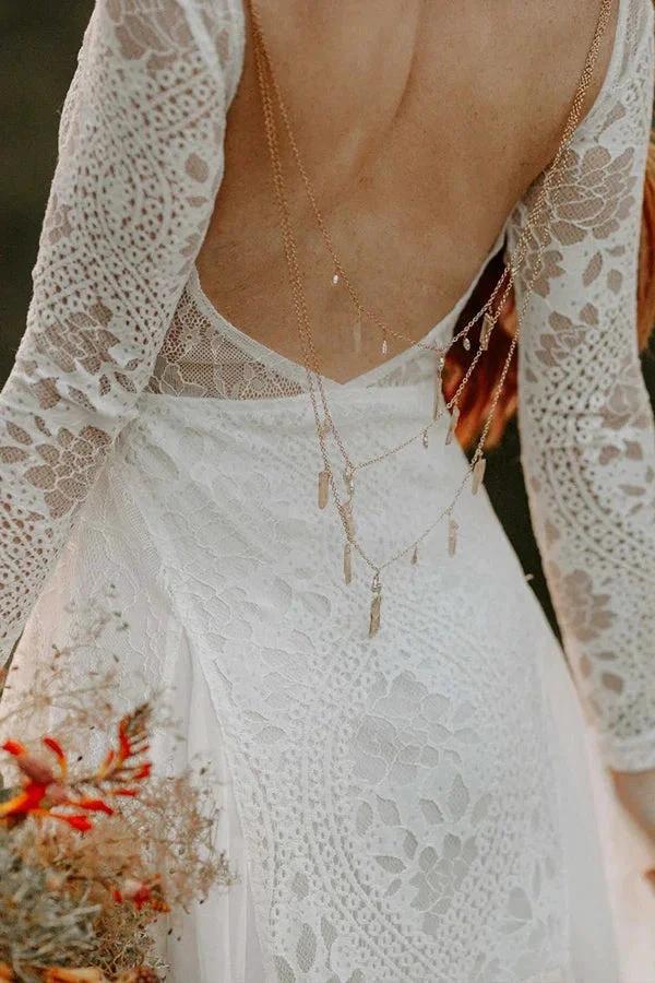 A-line Scoop Neck Backless Long Sleeves Beach Wedding Dresses WD703 - Image 5