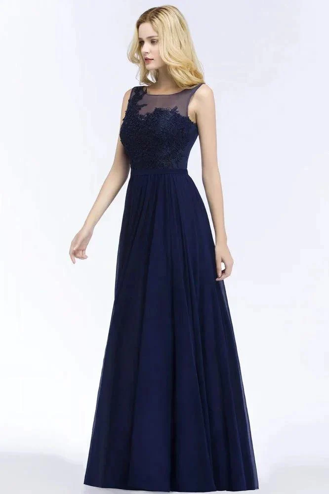 A-line Scoop Neck Bridesmaid Dress Chiffon Appliques Floor-Length Evening Maxi Gown Sleeveless - Image 3