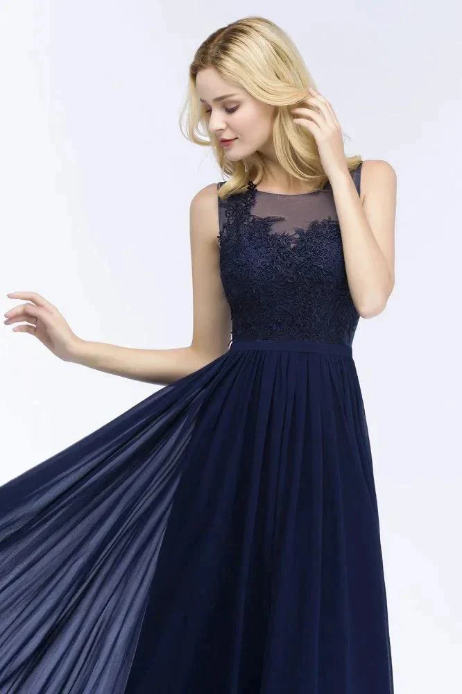 A-line Scoop Neck Bridesmaid Dress Chiffon Appliques Floor-Length Evening Maxi Gown Sleeveless - Image 4