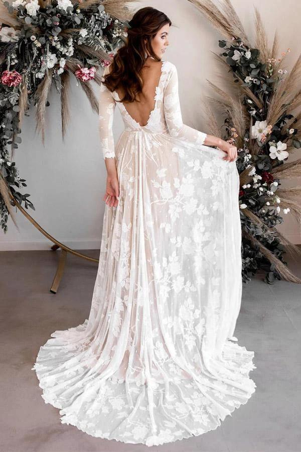 A-line Scoop Neck Long Sleeves Lace Weddding Dress Bridal Gown WD503 - Image 2