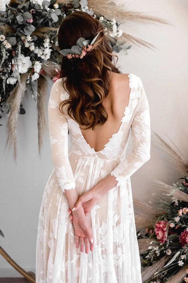 A-line Scoop Neck Long Sleeves Lace Weddding Dress Bridal Gown WD503 - Image 3
