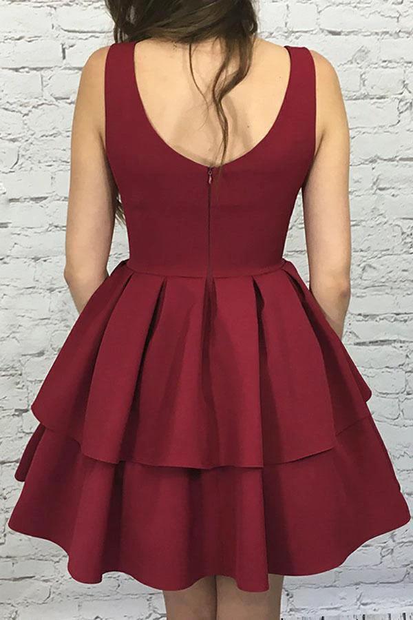 A-Line Scoop Short Burgundy Tiered Elastic Satin Homecoming Dress PG193 - Image 2