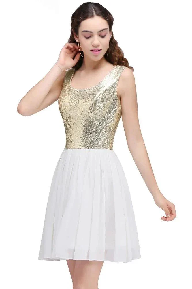 A-line Scoop Short Sequins White Cute Homecoming Dresses with Sequins - Image 2