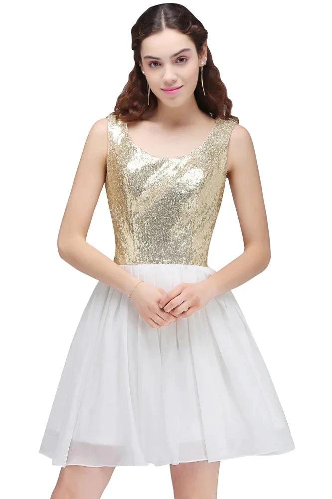 A-line Scoop Short Sequins White Cute Homecoming Dresses with Sequins - Image 3