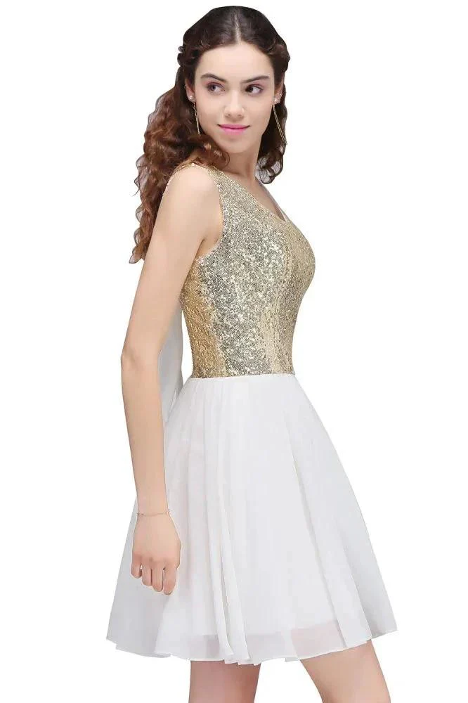 A-line Scoop Short Sequins White Cute Homecoming Dresses with Sequins - Image 5