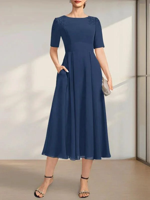 A-line Scoop Tea-Length Chiffon Mother of the Bride Dress With Appliques Lace Sequins - Image 10