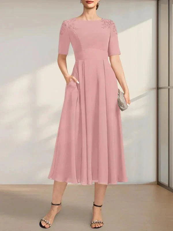 A-line Scoop Tea-Length Chiffon Mother of the Bride Dress With Appliques Lace Sequins - Image 11