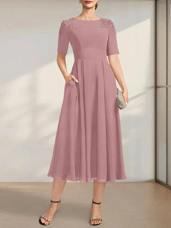 A-line Scoop Tea-Length Chiffon Mother of the Bride Dress With Appliques Lace Sequins - Image 12