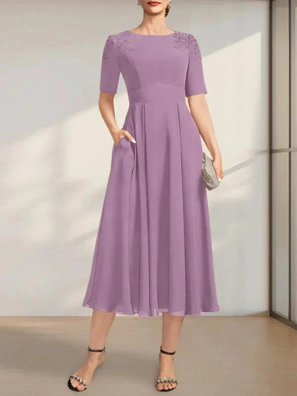 A-line Scoop Tea-Length Chiffon Mother of the Bride Dress With Appliques Lace Sequins - Image 13