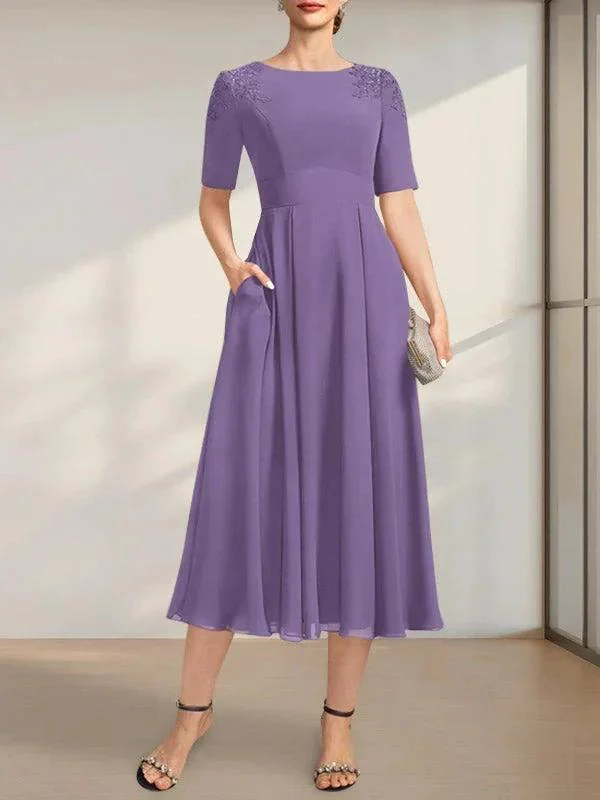 A-line Scoop Tea-Length Chiffon Mother of the Bride Dress With Appliques Lace Sequins - Image 14