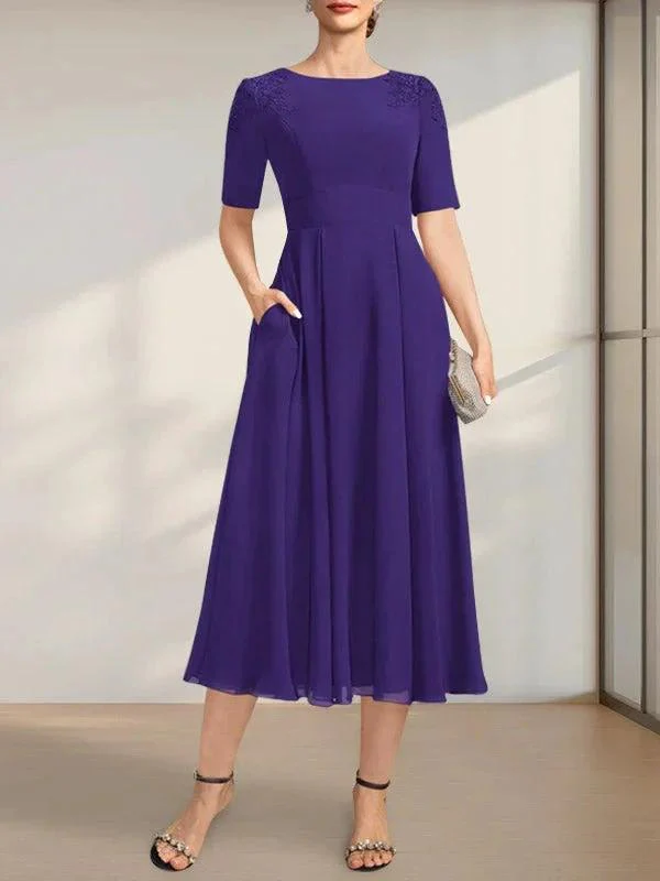 A-line Scoop Tea-Length Chiffon Mother of the Bride Dress With Appliques Lace Sequins - Image 15