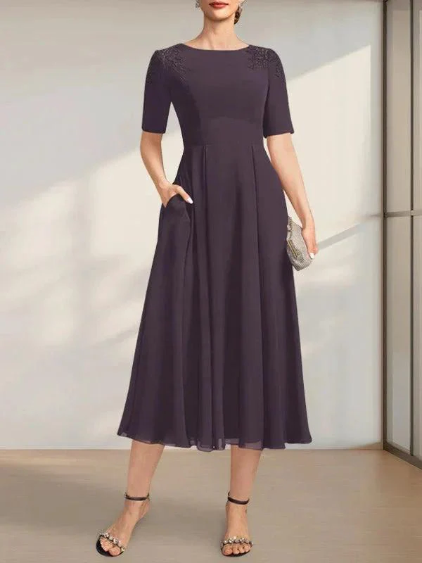 A-line Scoop Tea-Length Chiffon Mother of the Bride Dress With Appliques Lace Sequins - Image 16
