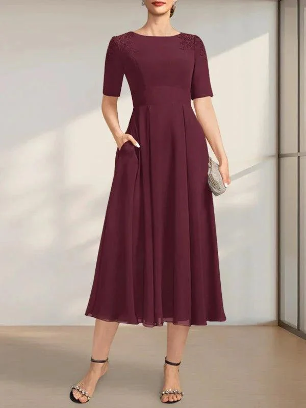A-line Scoop Tea-Length Chiffon Mother of the Bride Dress With Appliques Lace Sequins - Image 17
