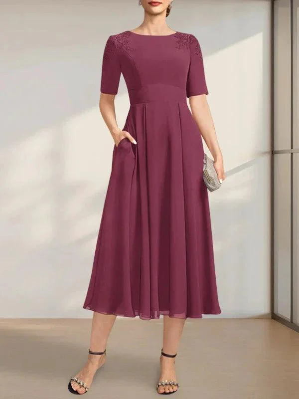 A-line Scoop Tea-Length Chiffon Mother of the Bride Dress With Appliques Lace Sequins - Image 18