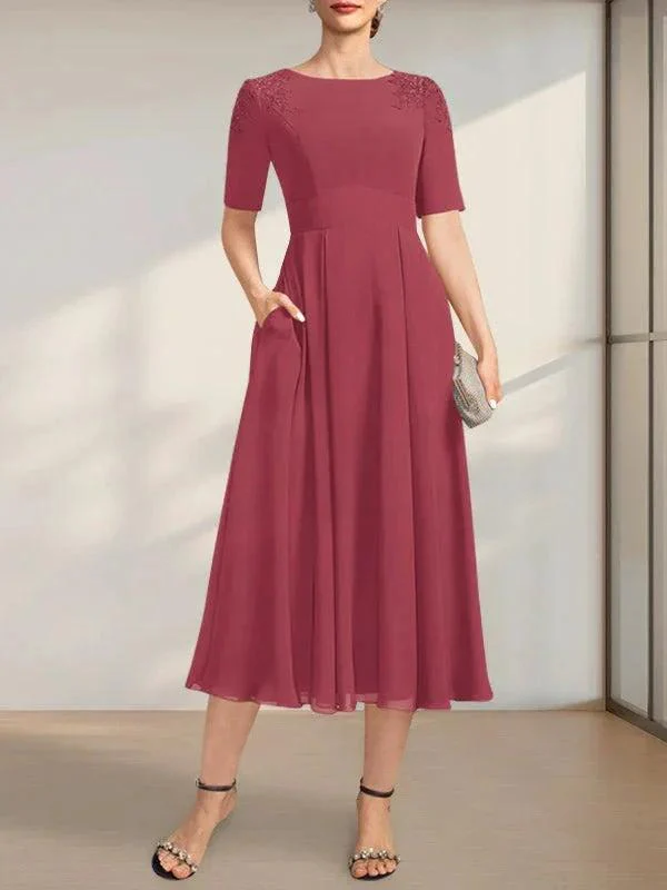A-line Scoop Tea-Length Chiffon Mother of the Bride Dress With Appliques Lace Sequins - Image 19
