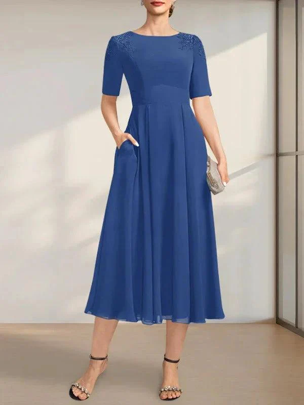 A-line Scoop Tea-Length Chiffon Mother of the Bride Dress With Appliques Lace Sequins - Image 2