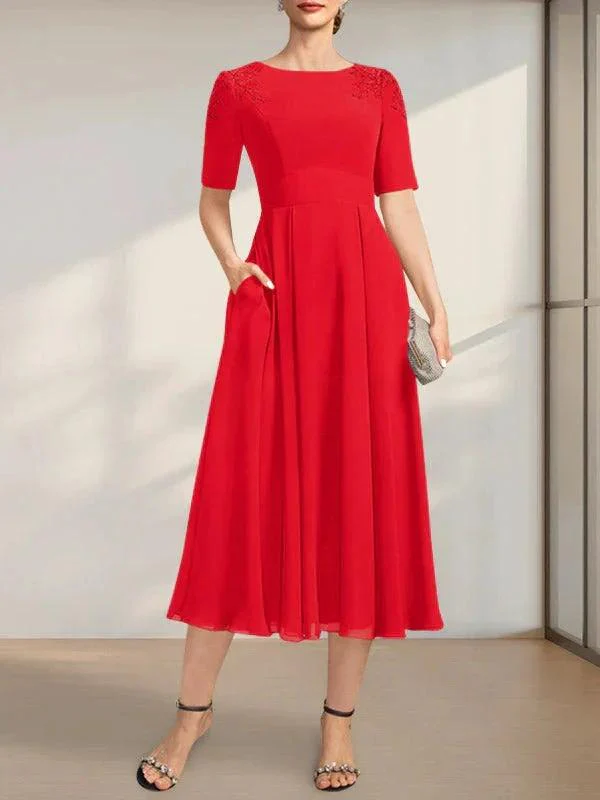 A-line Scoop Tea-Length Chiffon Mother of the Bride Dress With Appliques Lace Sequins - Image 20