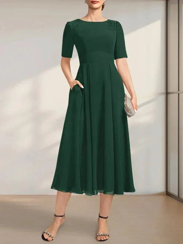 A-line Scoop Tea-Length Chiffon Mother of the Bride Dress With Appliques Lace Sequins - Image 21