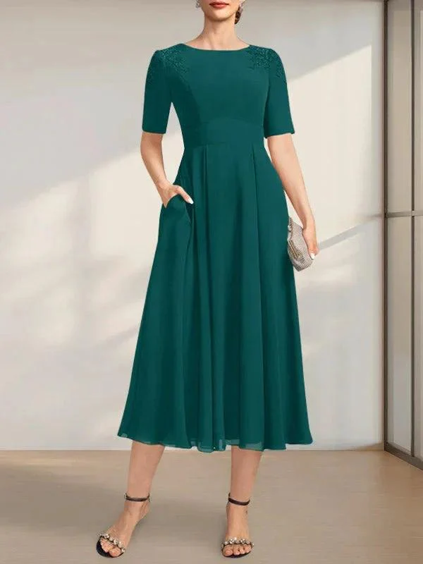 A-line Scoop Tea-Length Chiffon Mother of the Bride Dress With Appliques Lace Sequins - Image 22