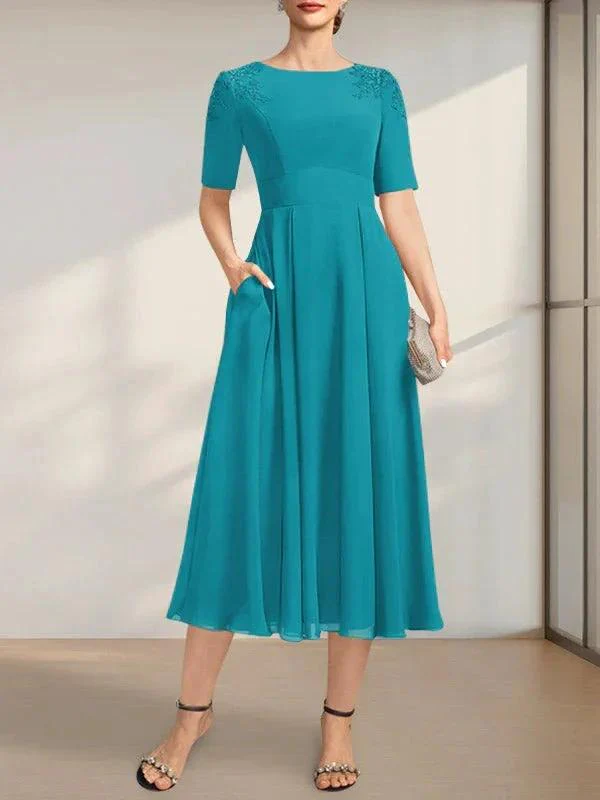 A-line Scoop Tea-Length Chiffon Mother of the Bride Dress With Appliques Lace Sequins - Image 23