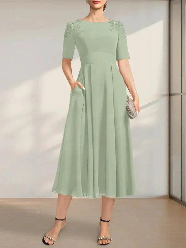 A-line Scoop Tea-Length Chiffon Mother of the Bride Dress With Appliques Lace Sequins - Image 24