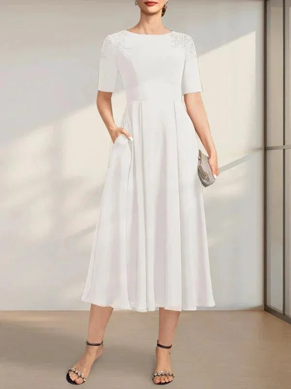 A-line Scoop Tea-Length Chiffon Mother of the Bride Dress With Appliques Lace Sequins - Image 25