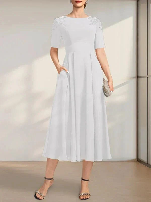 A-line Scoop Tea-Length Chiffon Mother of the Bride Dress With Appliques Lace Sequins - Image 26