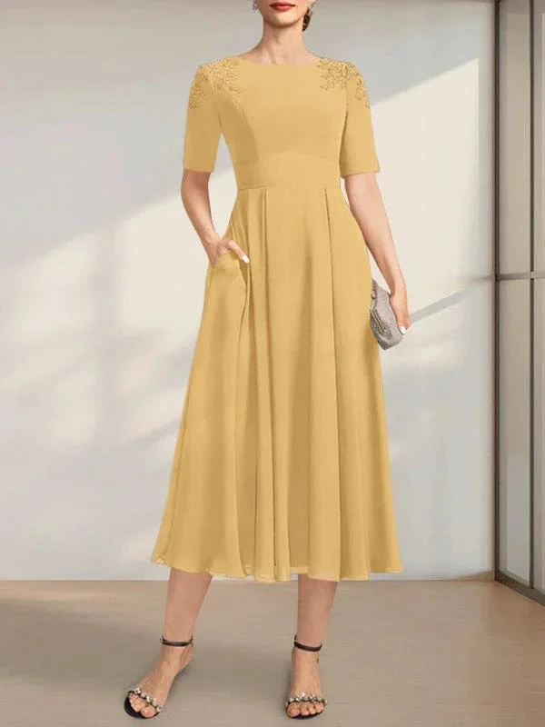 A-line Scoop Tea-Length Chiffon Mother of the Bride Dress With Appliques Lace Sequins - Image 27