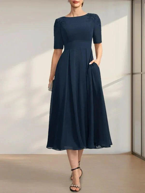 A-line Scoop Tea-Length Chiffon Mother of the Bride Dress With Appliques Lace Sequins - Image 28