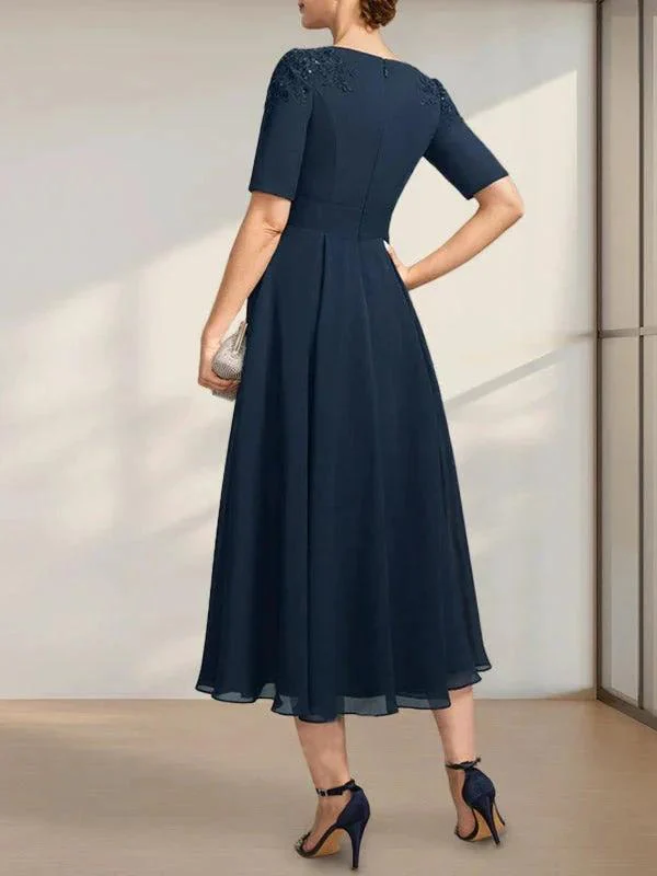A-line Scoop Tea-Length Chiffon Mother of the Bride Dress With Appliques Lace Sequins - Image 29