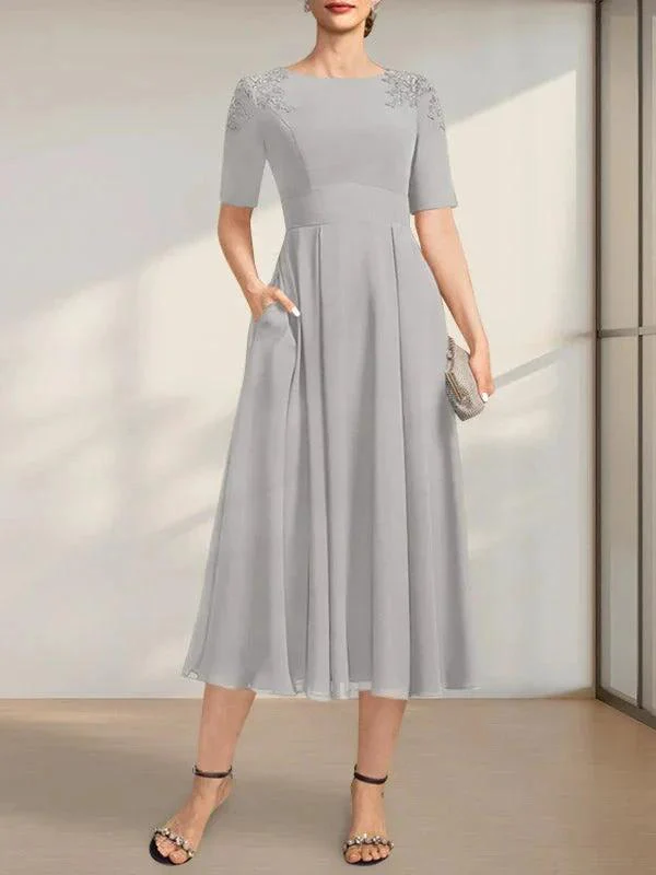 A-line Scoop Tea-Length Chiffon Mother of the Bride Dress With Appliques Lace Sequins - Image 3