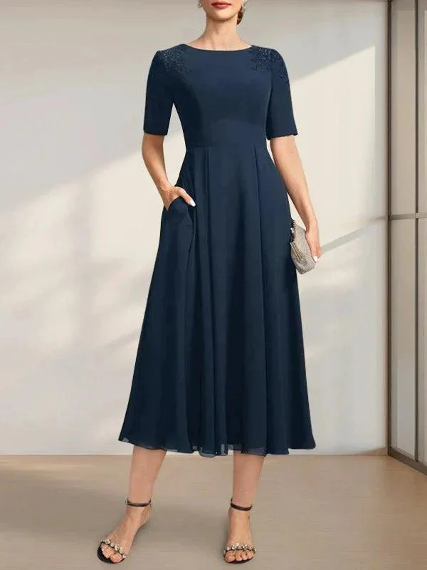 A-line Scoop Tea-Length Chiffon Mother of the Bride Dress With Appliques Lace Sequins - Image 30