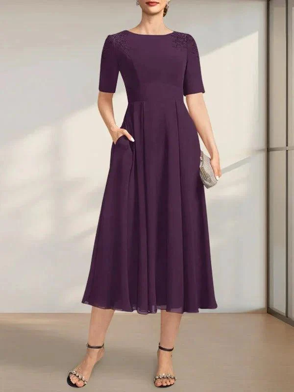 A-line Scoop Tea-Length Chiffon Mother of the Bride Dress With Appliques Lace Sequins - Image 4