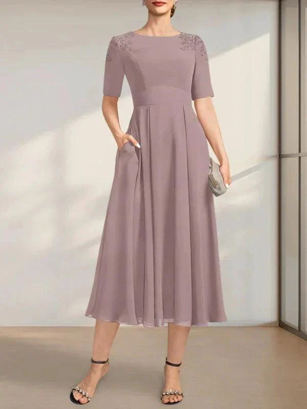 A-line Scoop Tea-Length Chiffon Mother of the Bride Dress With Appliques Lace Sequins - Image 5