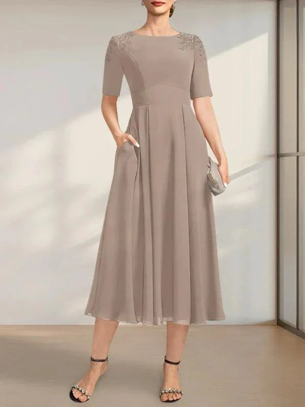 A-line Scoop Tea-Length Chiffon Mother of the Bride Dress With Appliques Lace Sequins - Image 6