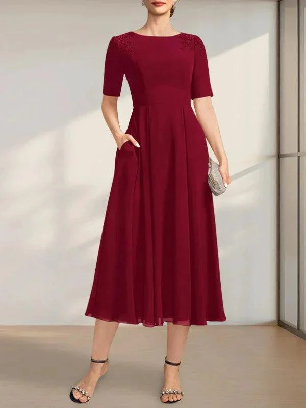 A-line Scoop Tea-Length Chiffon Mother of the Bride Dress With Appliques Lace Sequins - Image 7