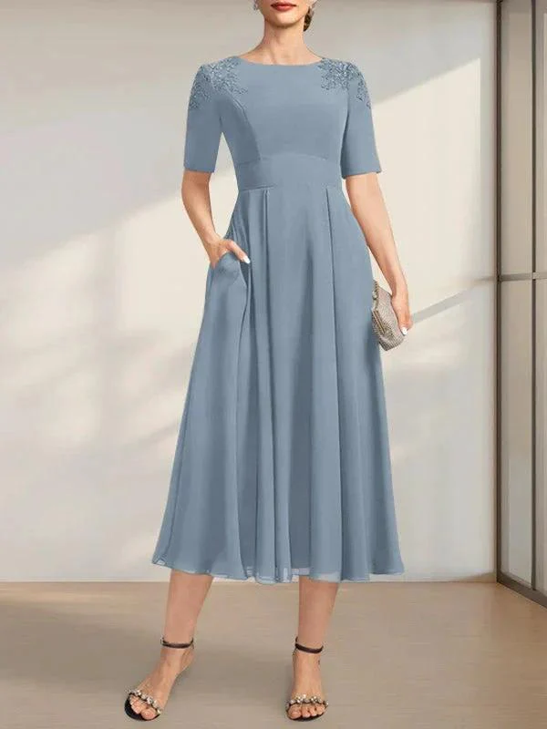 A-line Scoop Tea-Length Chiffon Mother of the Bride Dress With Appliques Lace Sequins - Image 8