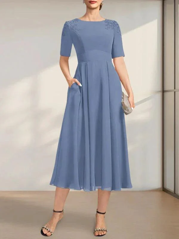 A-line Scoop Tea-Length Chiffon Mother of the Bride Dress With Appliques Lace Sequins - Image 9