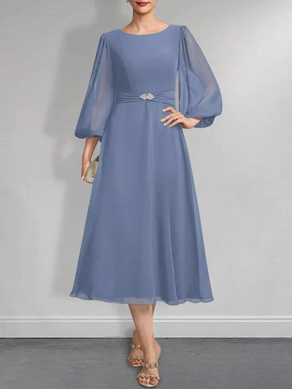 A-line Scoop Tea-Length Chiffon Mother of the Bride Dress With Crystal Brooch Pleated - Image 10