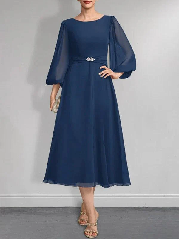 A-line Scoop Tea-Length Chiffon Mother of the Bride Dress With Crystal Brooch Pleated - Image 11